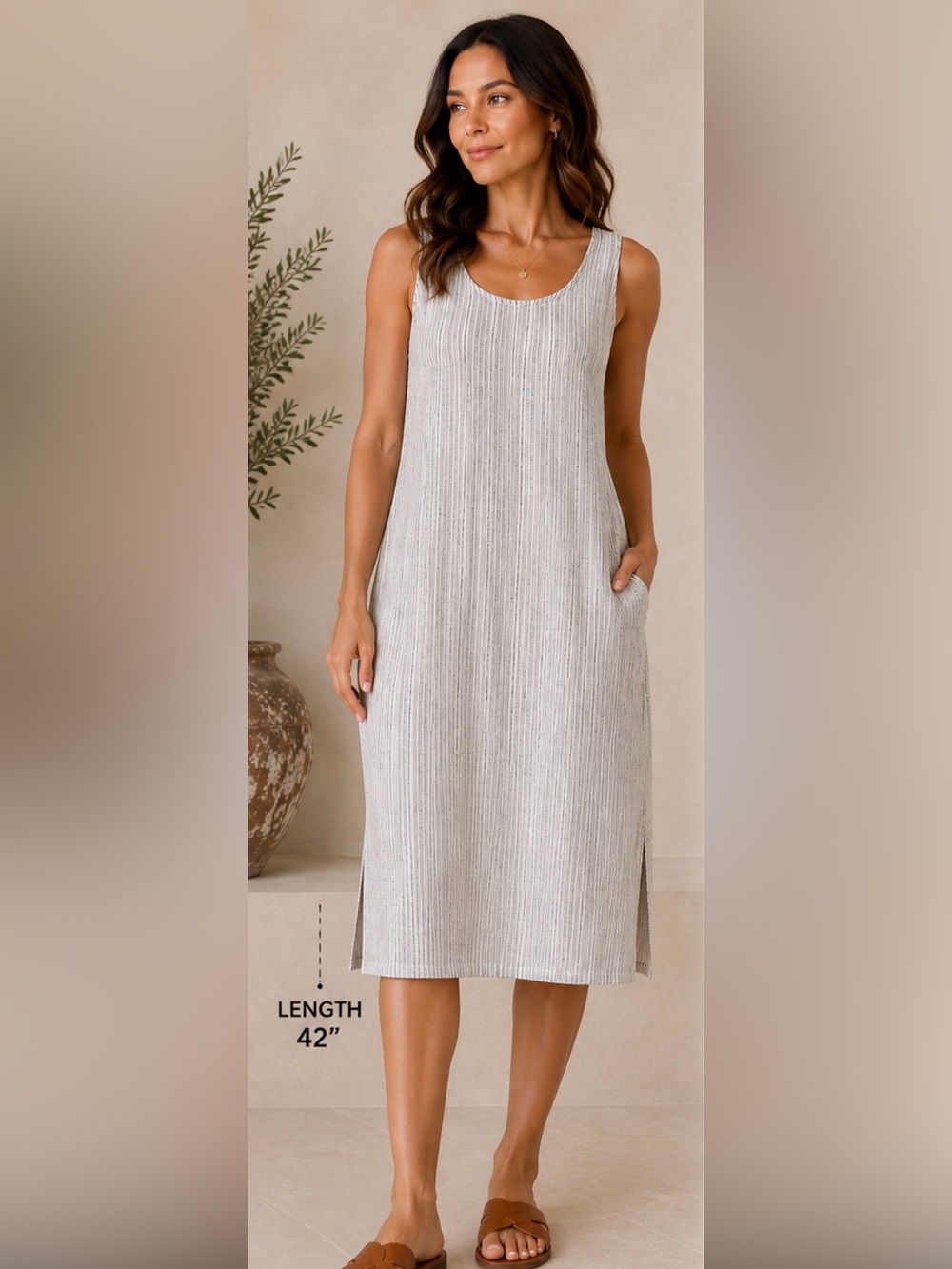 Marine Layer Linen-Blend Black Stripe Scoop Neck, Tie Back Slip Dress, Small